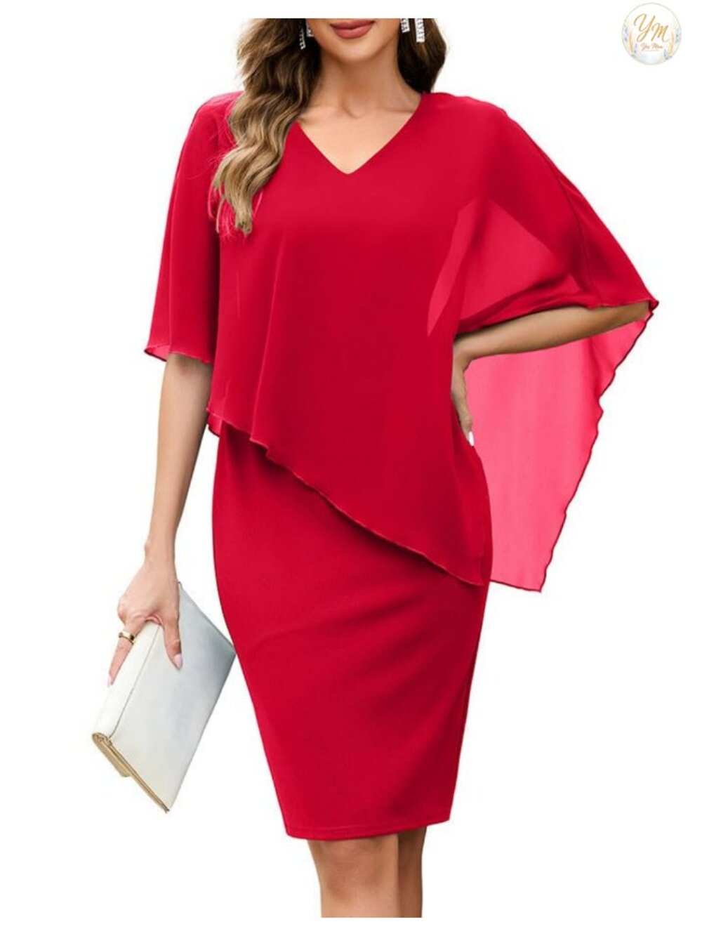 Women's Chiffon Cape Overlay V Neck Knee Length Cocktail Midi Dress